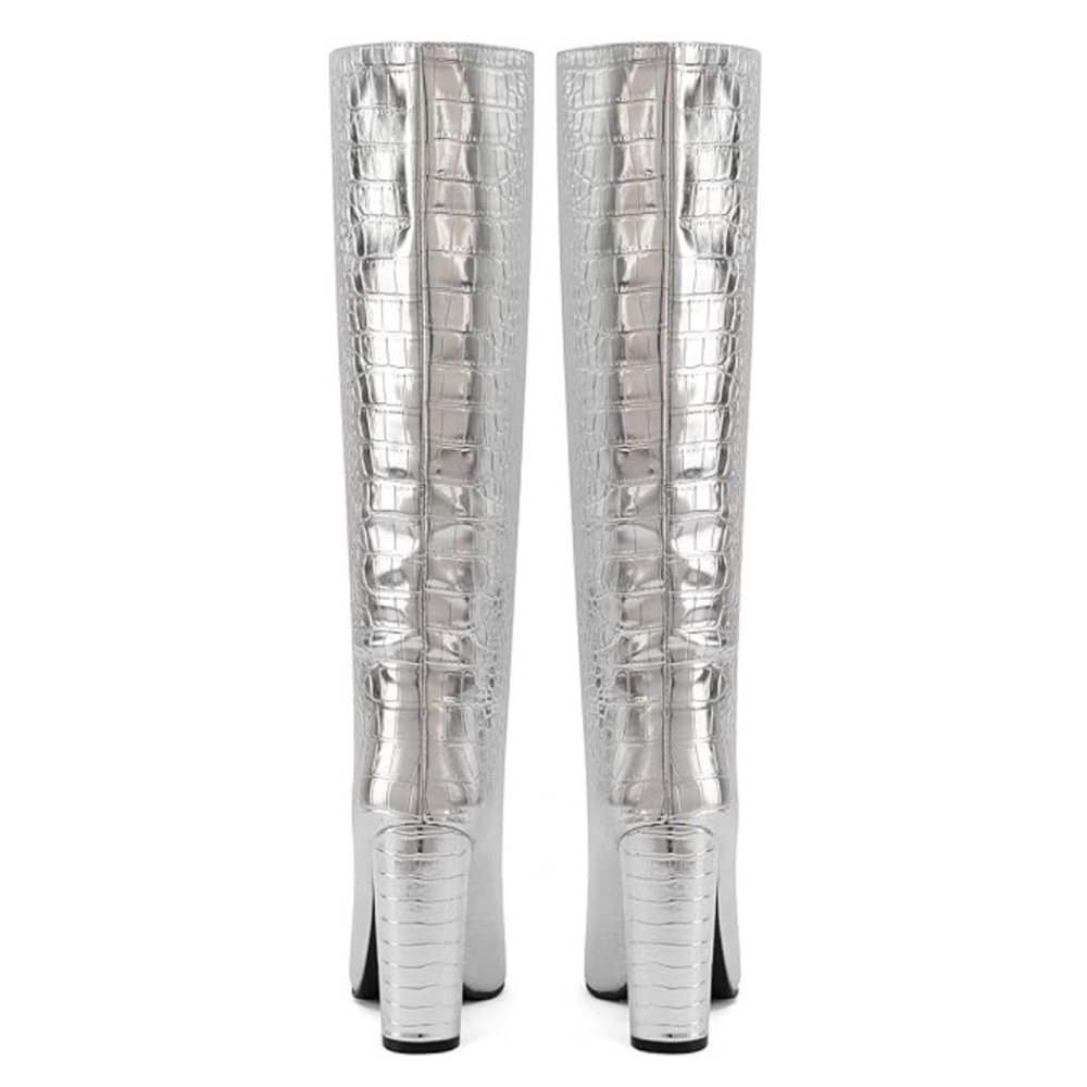 NEW Silver Knee High Croc Boots 4.33" Block Heel - Picture 2 of 9